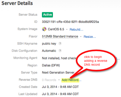 While displaying details for a server, click Add Record to begin defining a reverse DNS record.